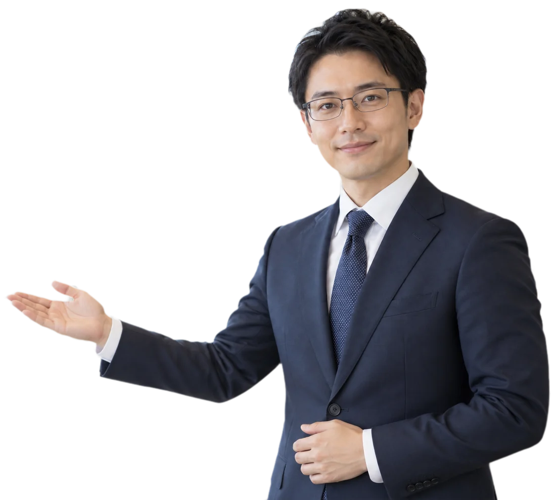 手のひらを上に向けて見出しを案内する、キャリアアドバイザーの八神 正