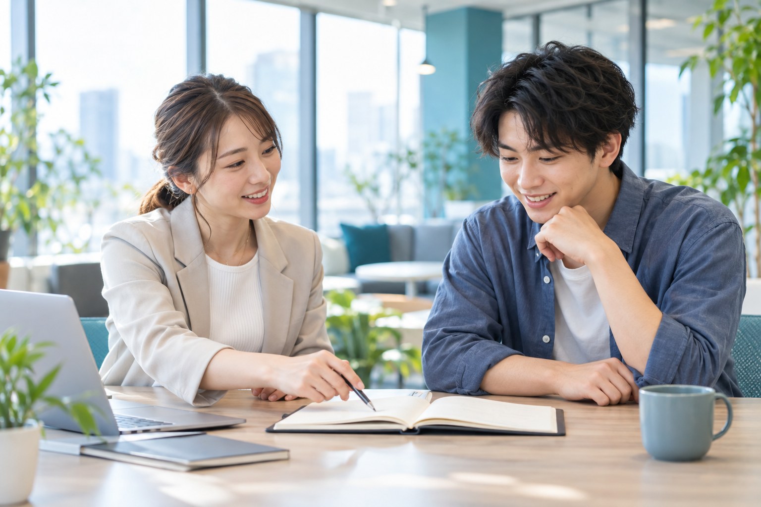 キャリアアドバイザーと相談者が一緒にノートを見ながら話す様子