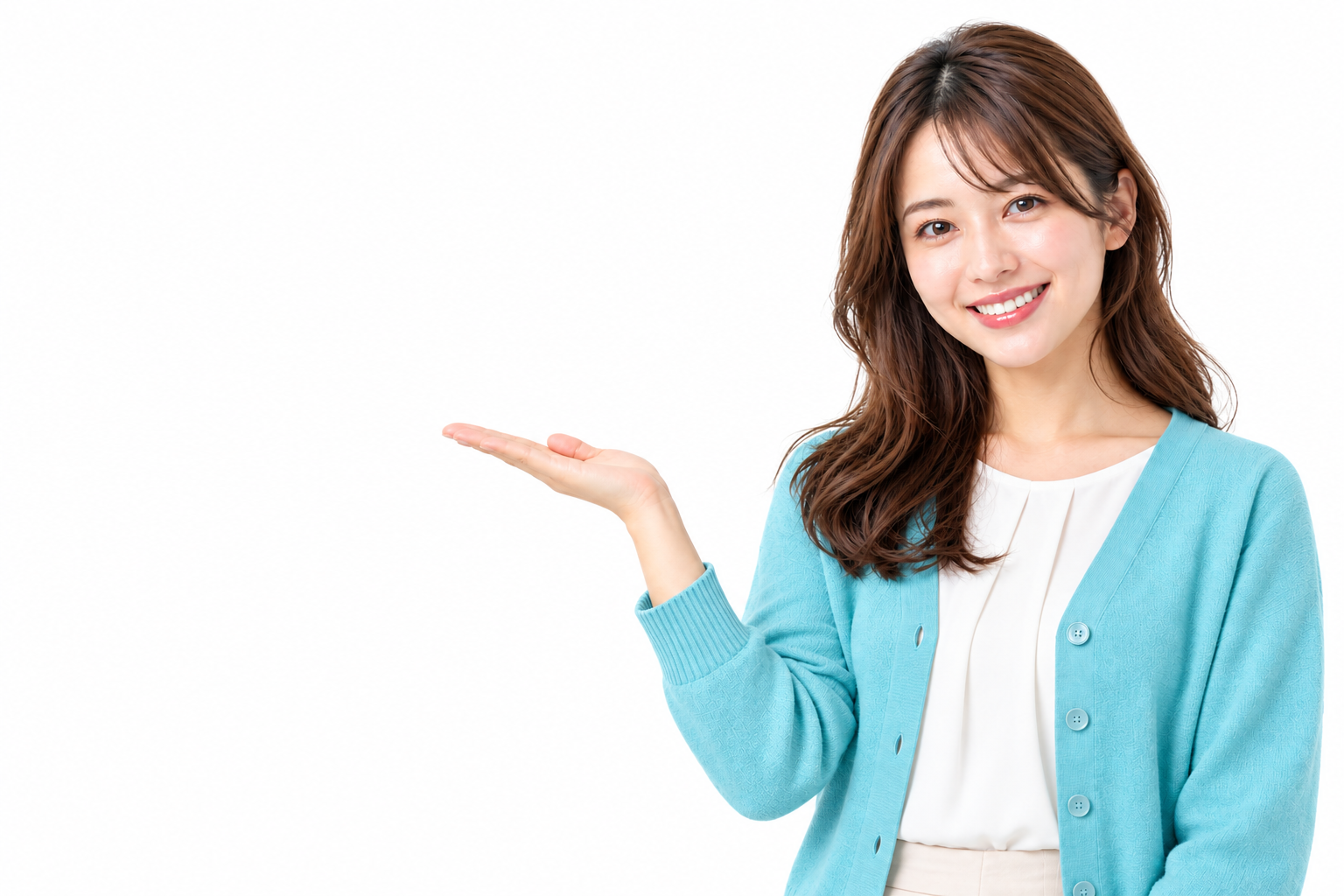 手のひらを上に向けて見出しを案内する吉井美沙